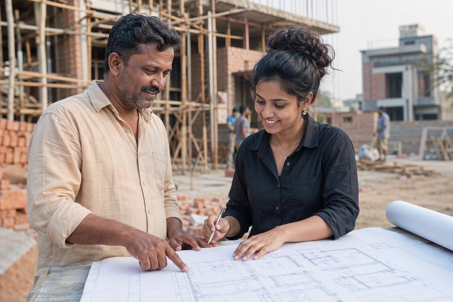 A builder and architect planning the electrical layout of a house