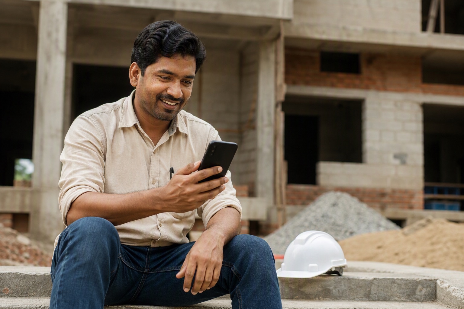 An electrical contractor comparing wire price quotations on his phone at a construction site