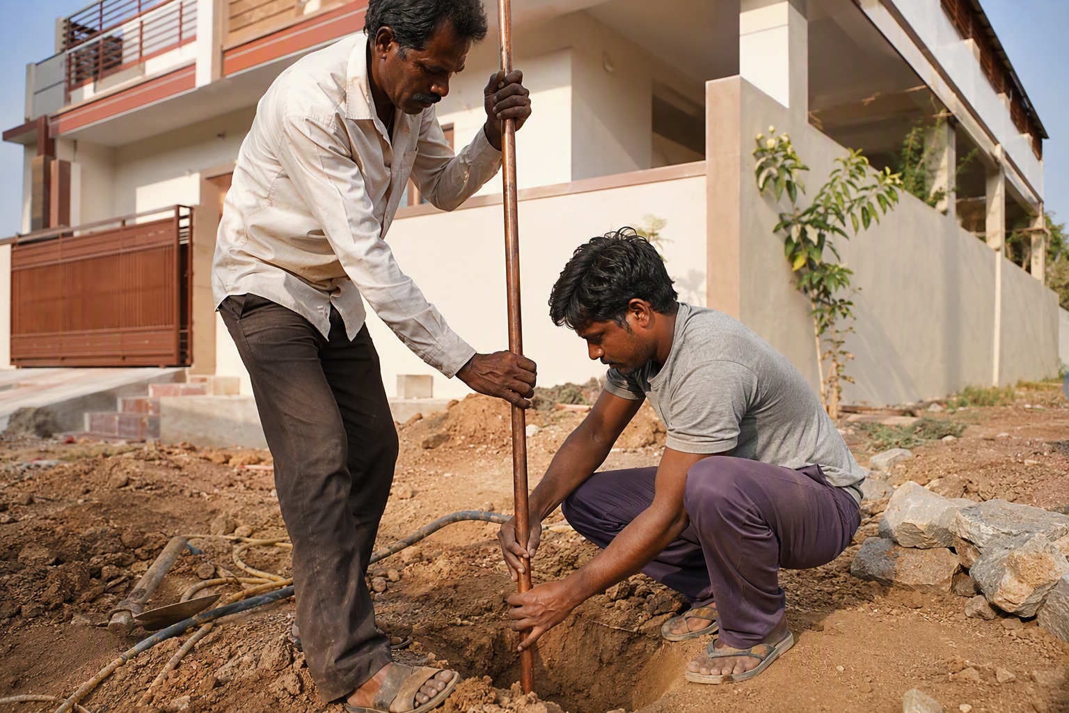 Workers installing a copper earthing electrode beside a newly built house
