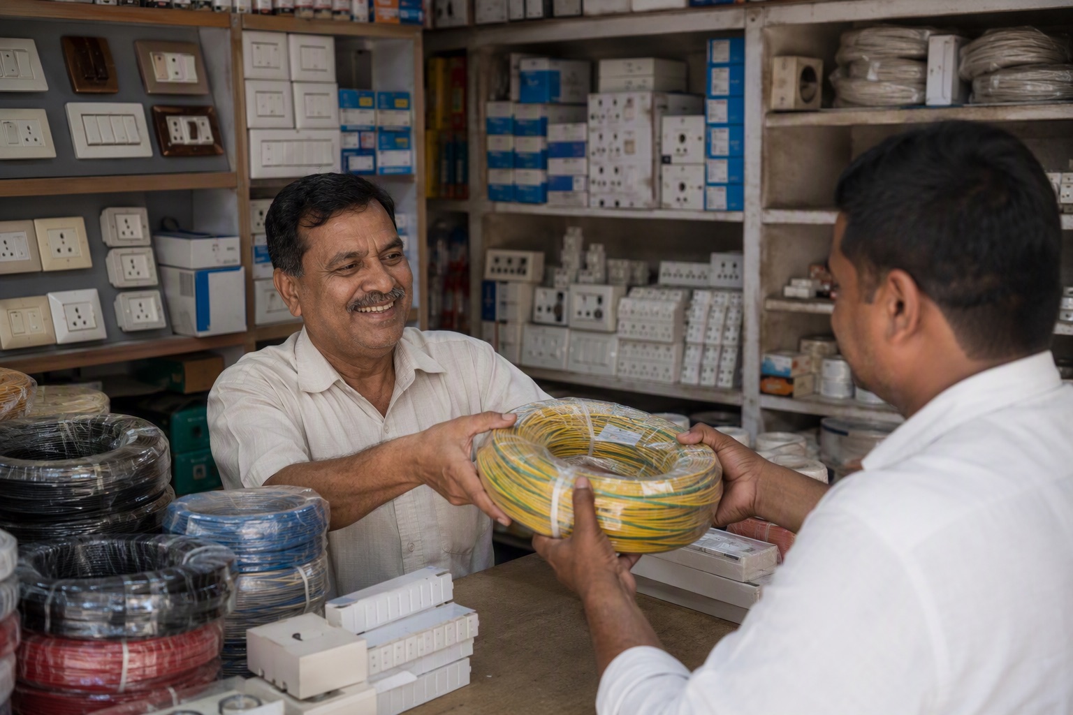 An authorised electrical distributor serving a customer at the counter in Bangalore