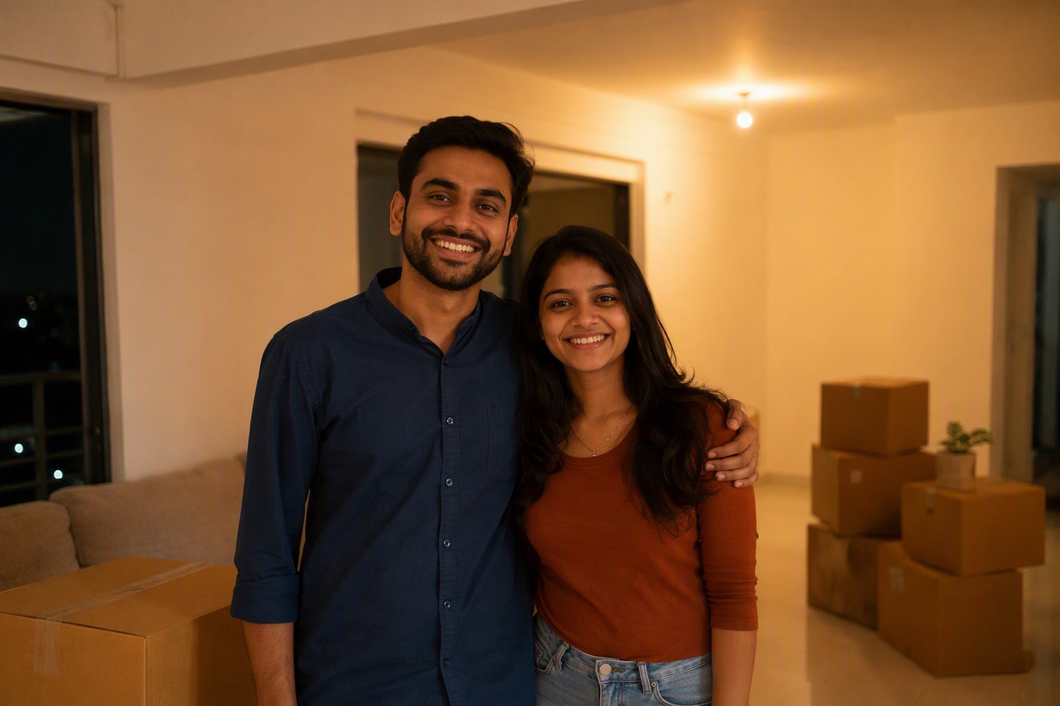 A family in the living room of their new home with fans and lights running