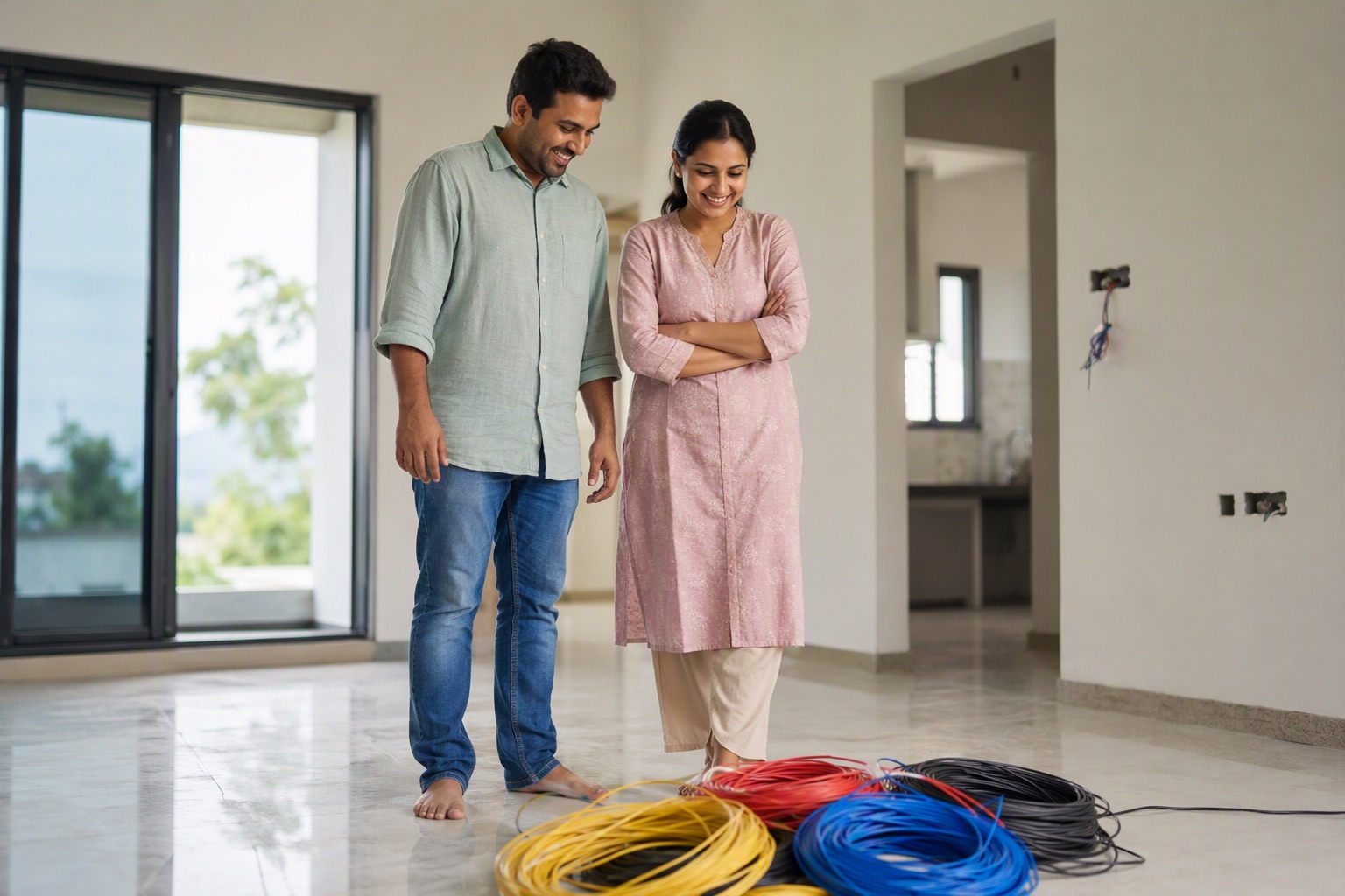 A couple planning the wiring of their newly built house