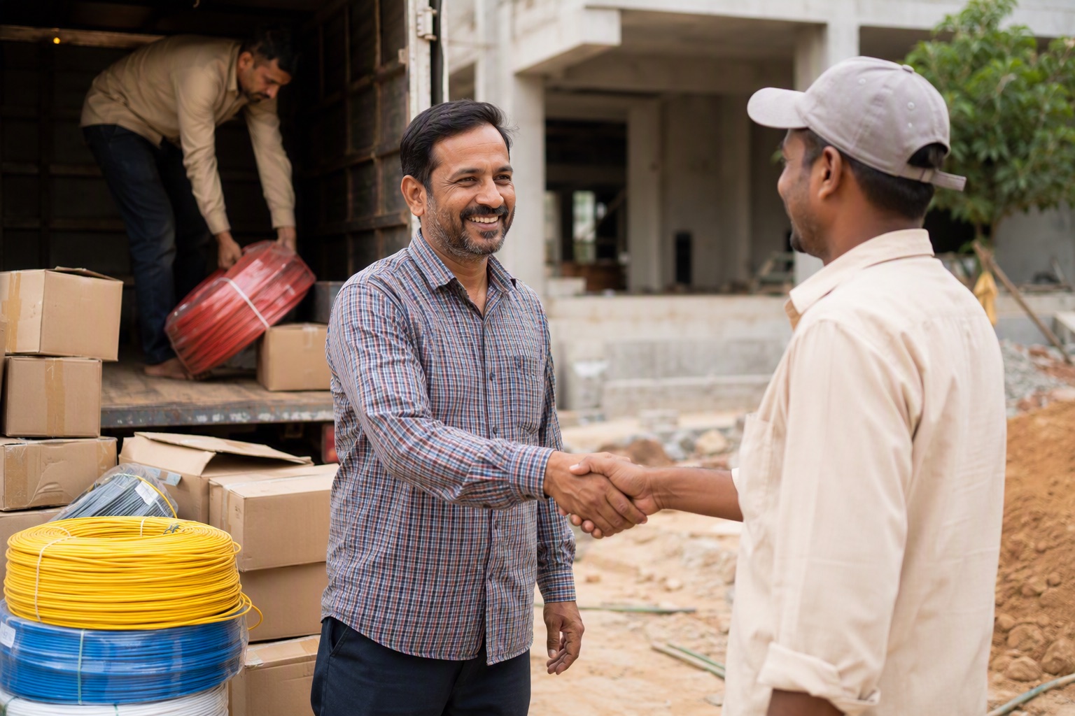 A house builder in Bangalore receiving a delivery of electrical material at his site