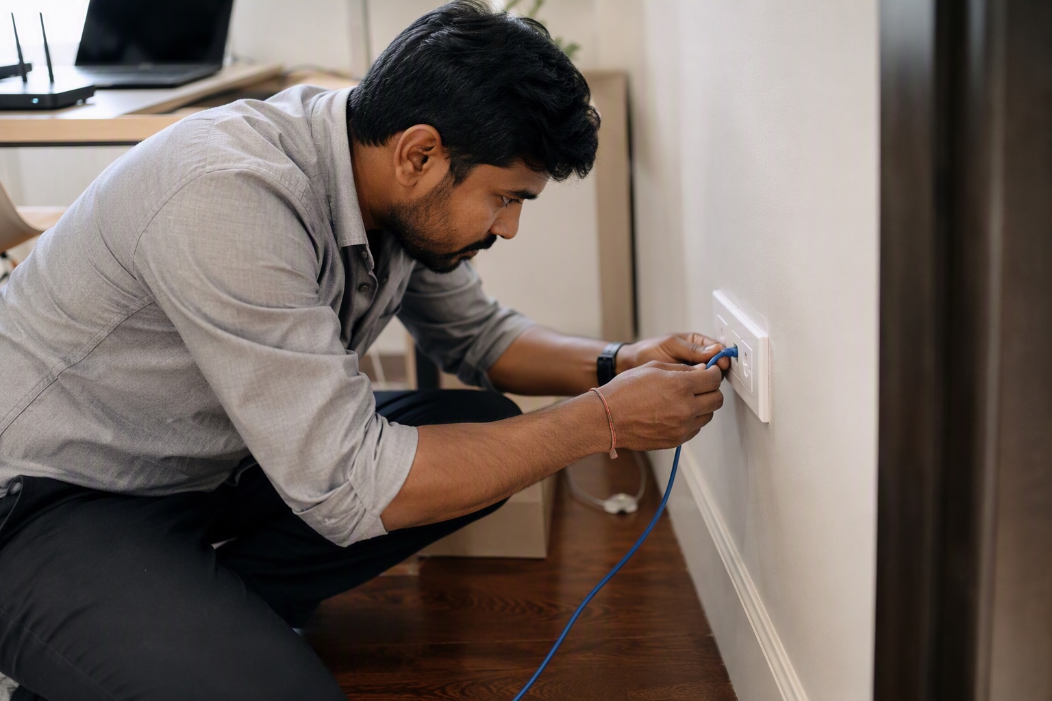 A technician terminating a Cat6 network cable into a wall data socket in a home office
