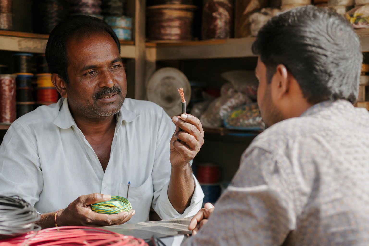 An electrical shop owner explaining copper wire quality to a customer at the counter