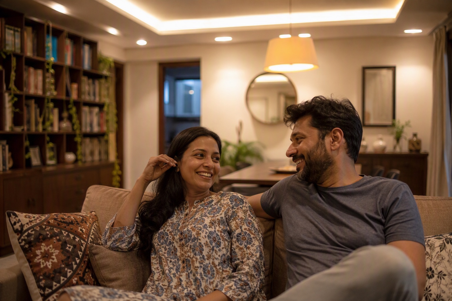 A living room lit by warm LED ceiling lights in an Indian home in the evening