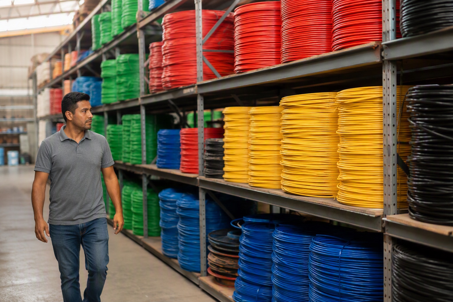 Coils of house wiring cable stacked on racks at an electrical distributor warehouse in Bangalore