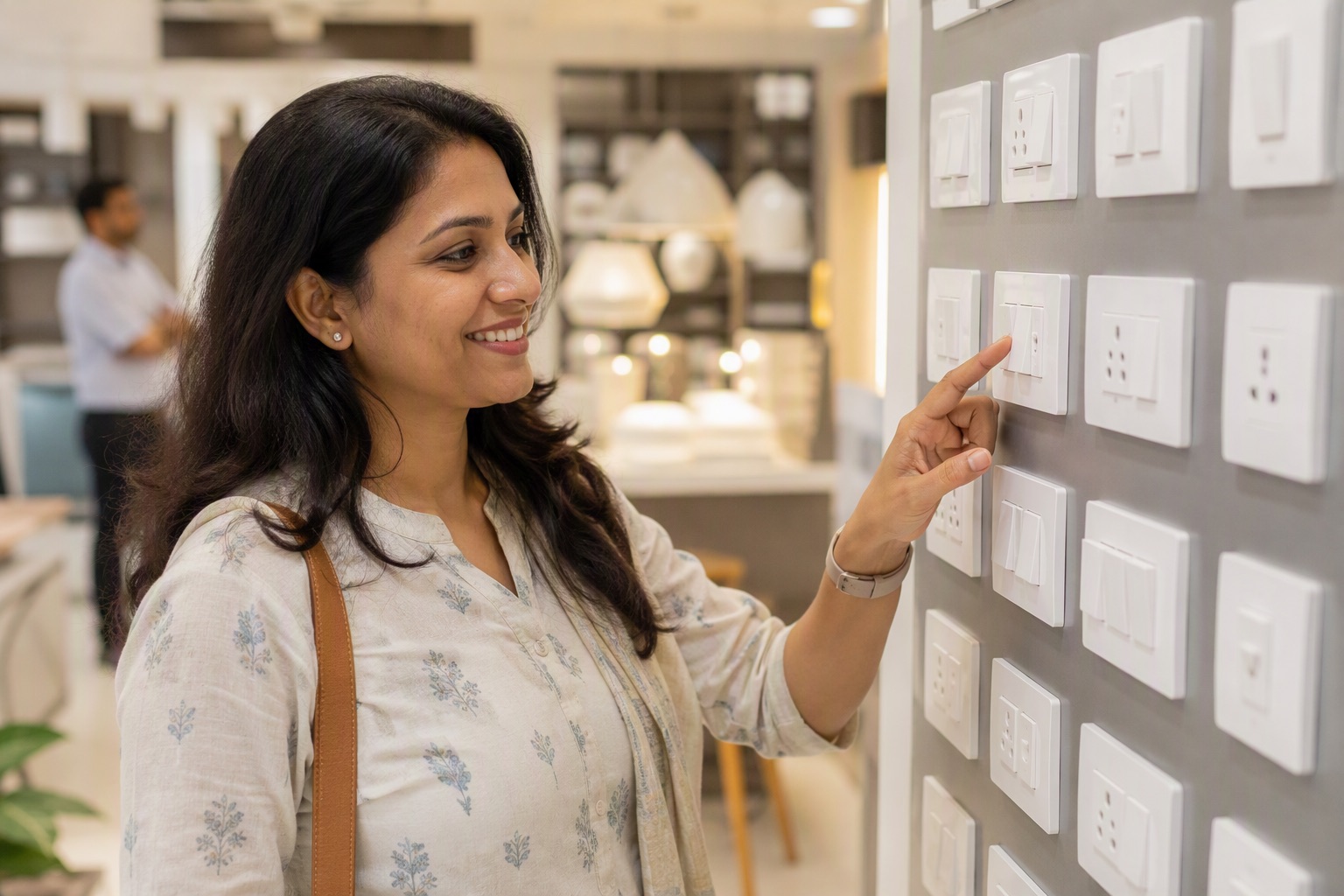 A homeowner choosing modular switches and sockets from a display board in an electrical showroom