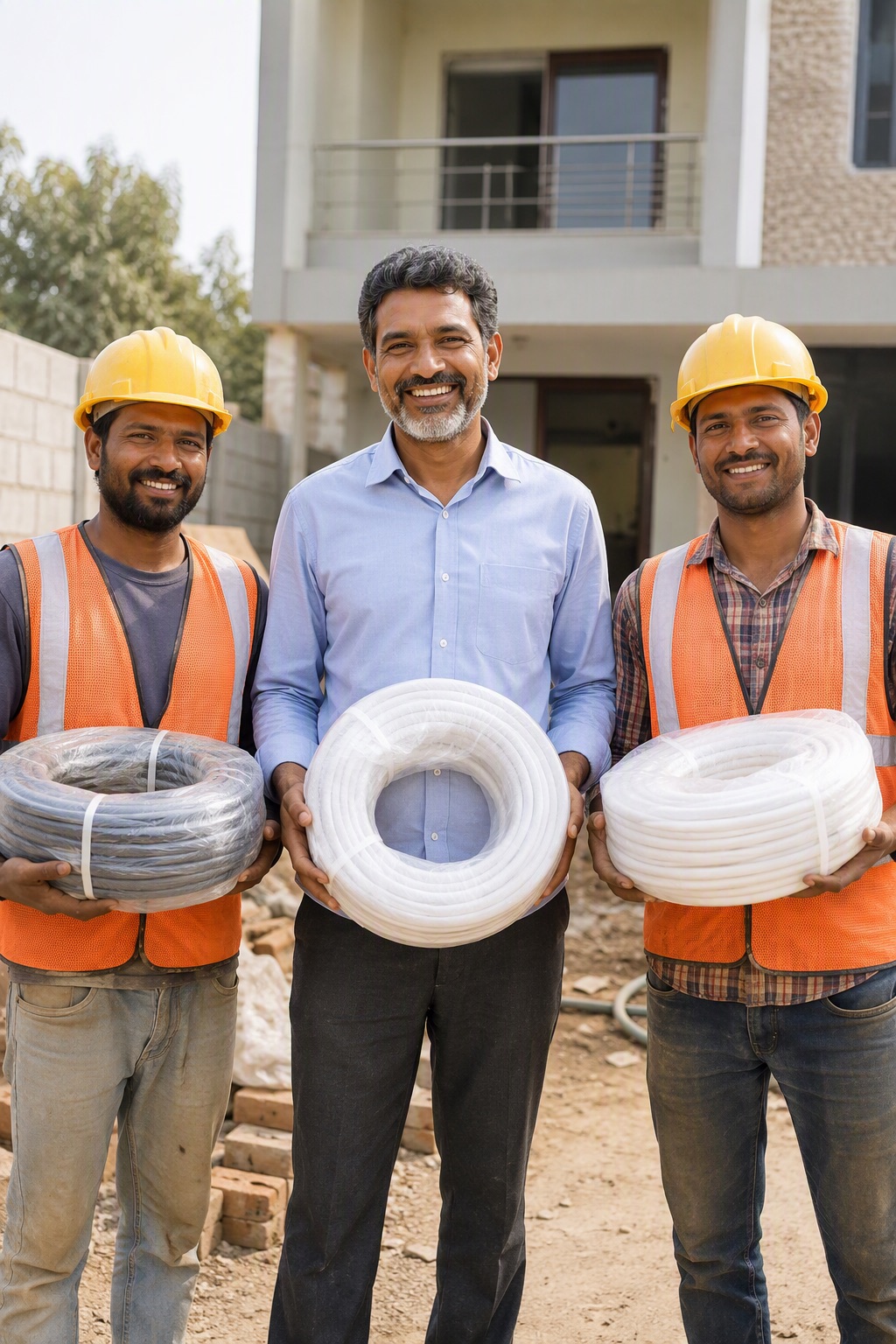 Building contractor and his team with house wire coils at a residential site