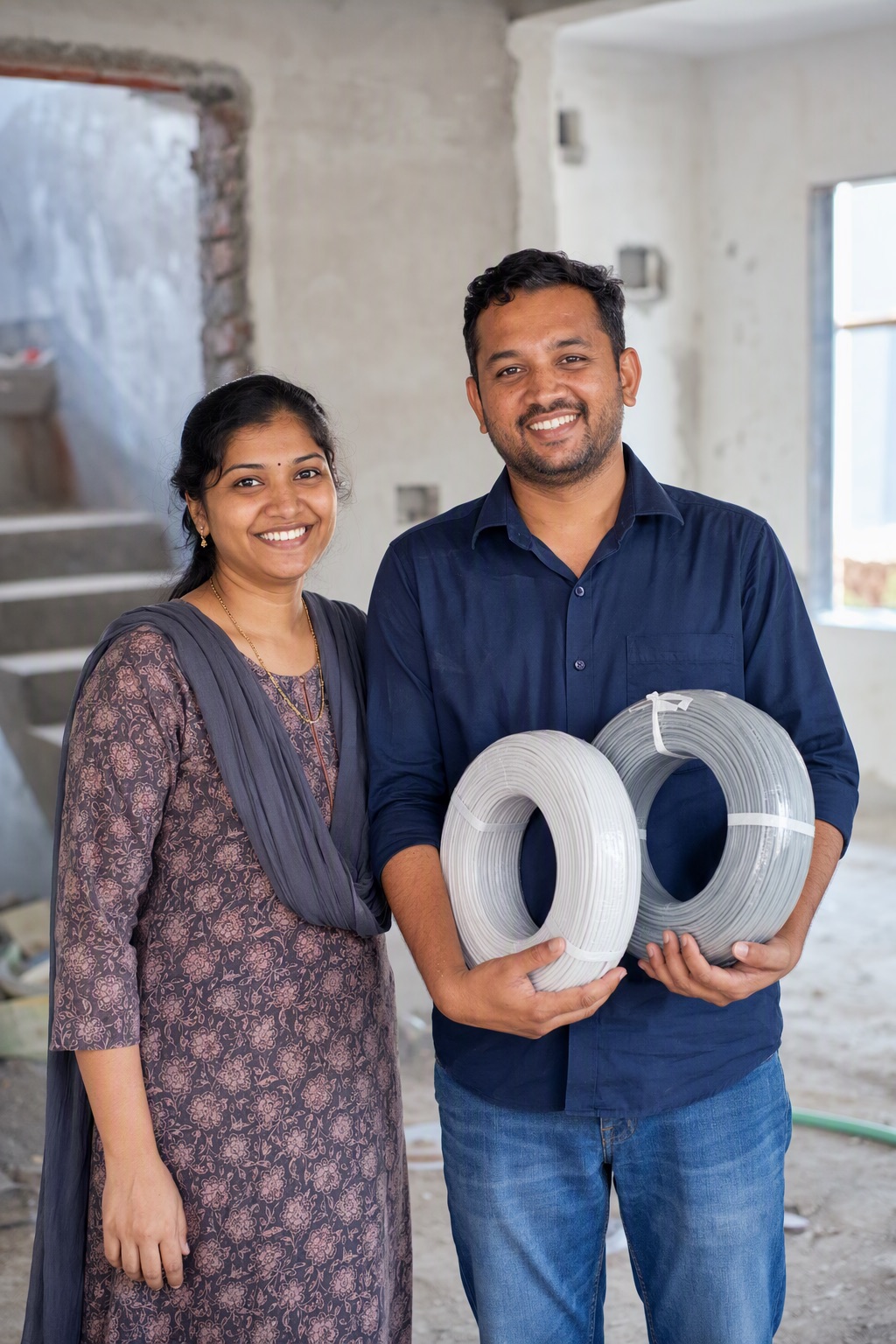 Couple holding house wire coils in their half-built home in Bangalore