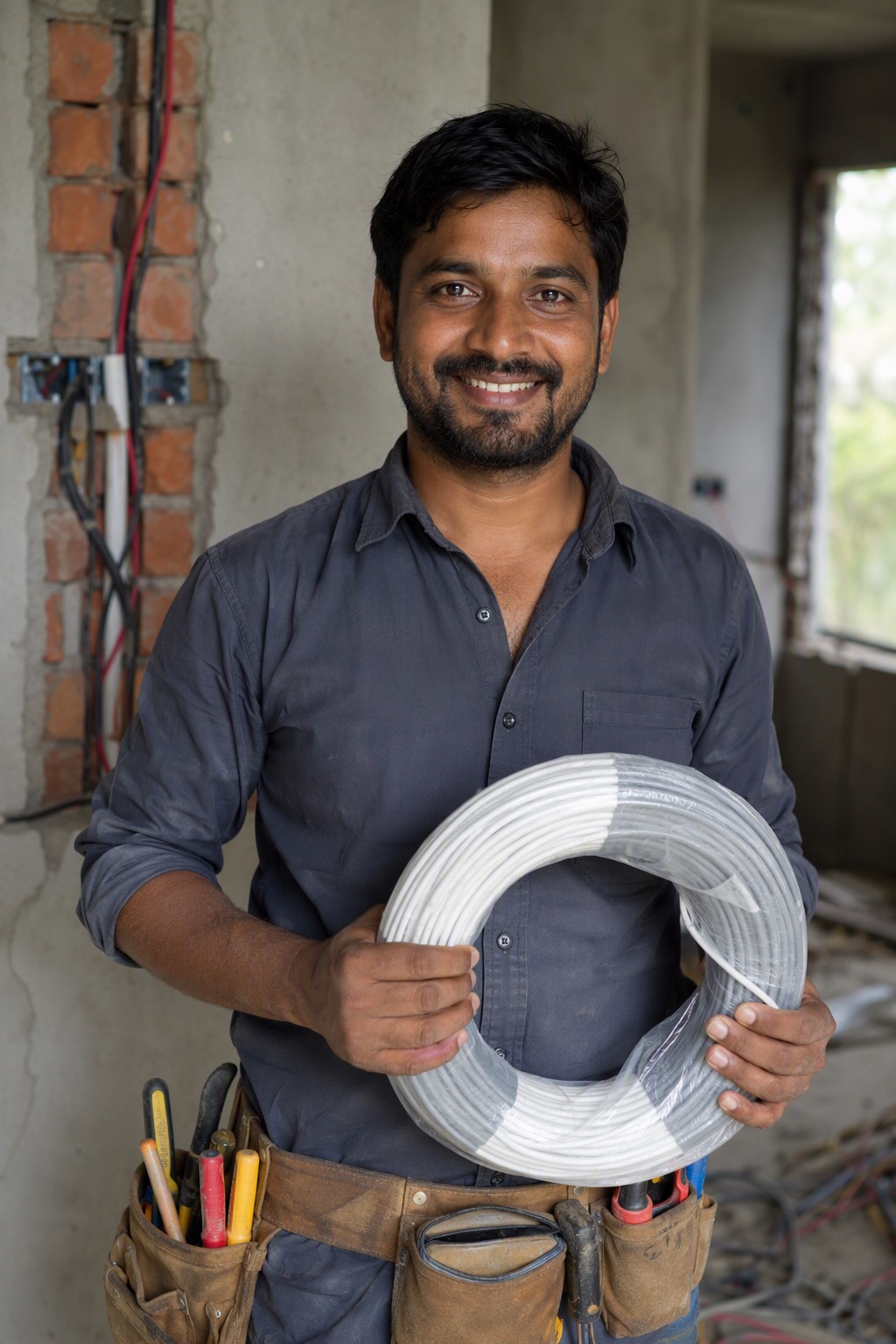 Electrician holding a coil of house wiring cable at a job in Bangalore