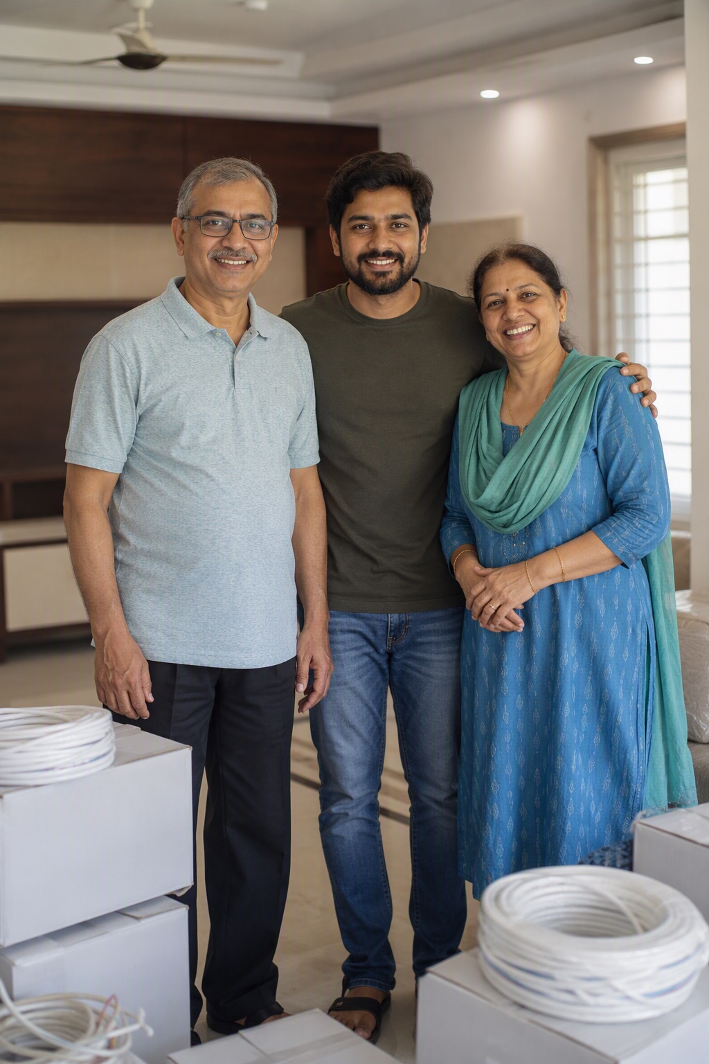 Family with electrical material delivered for their new house in Bangalore