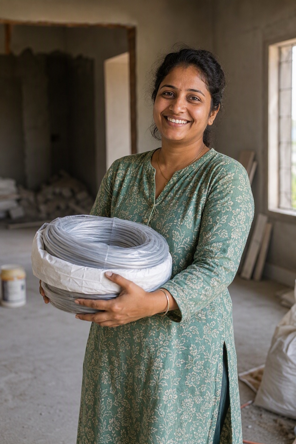 Woman homeowner holding electrical wire coils in her newly built home