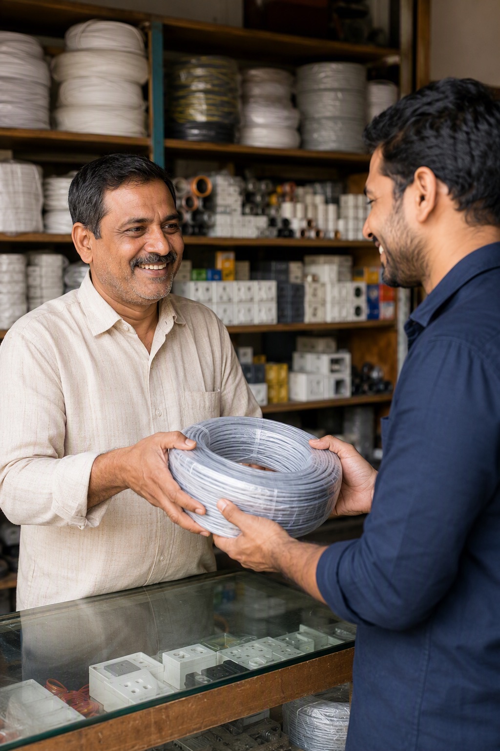 Electrical dealer handing a coil of house wire to a customer across the counter