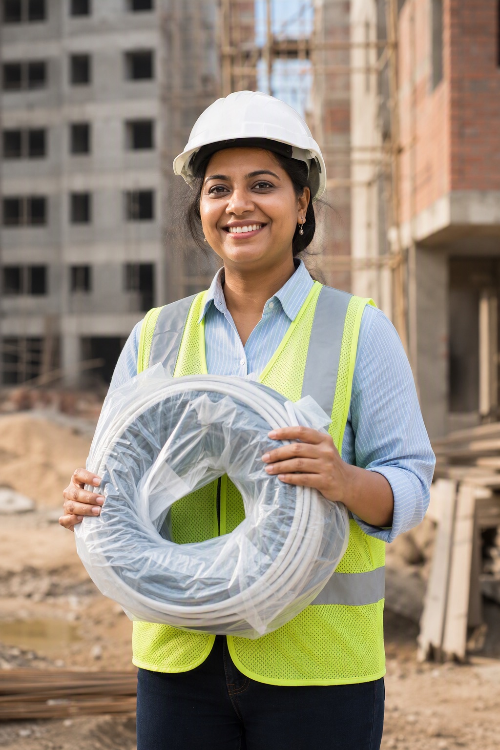 Woman civil engineer holding electrical cable at a construction site in Karnataka