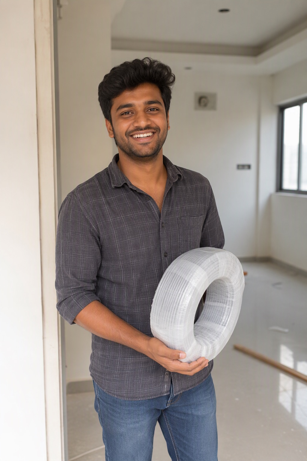 Young homeowner holding house wiring cable in his first new home