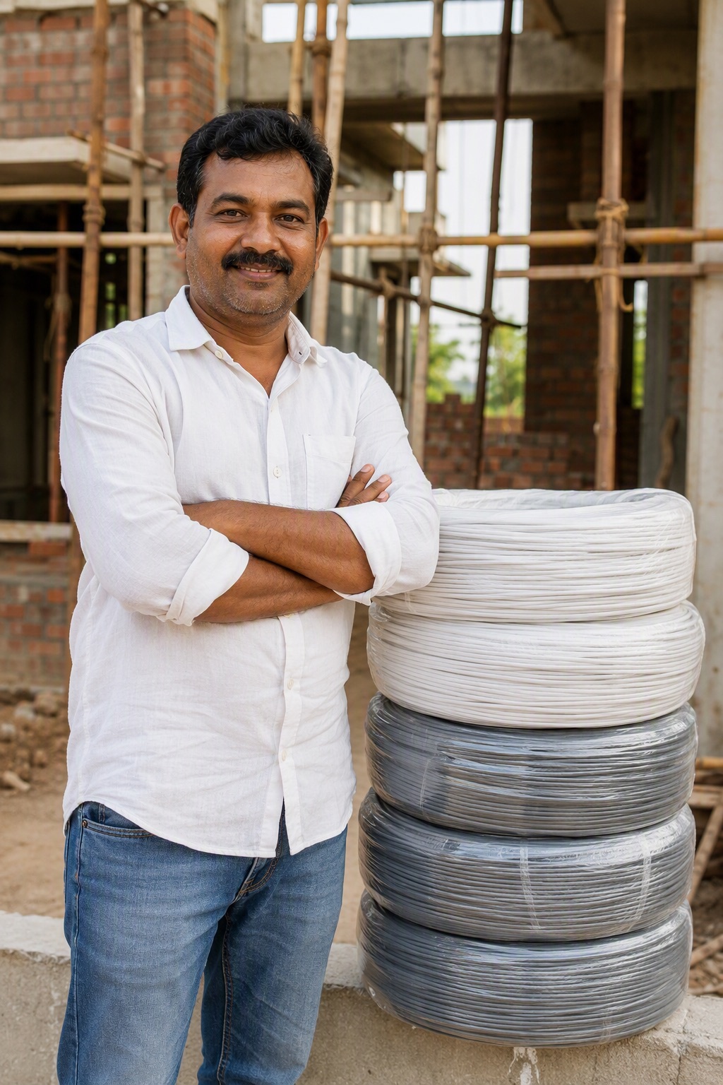 Contractor with a stack of house wire coils at a residential site