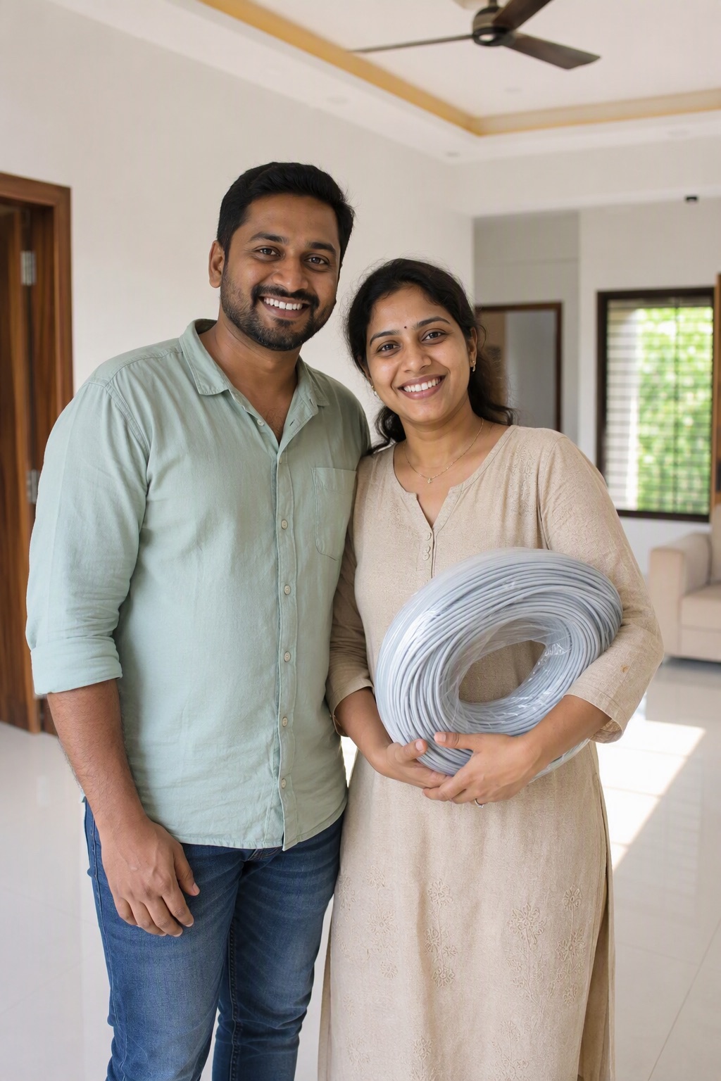 Happy couple with house wiring cable for their new home in Bangalore