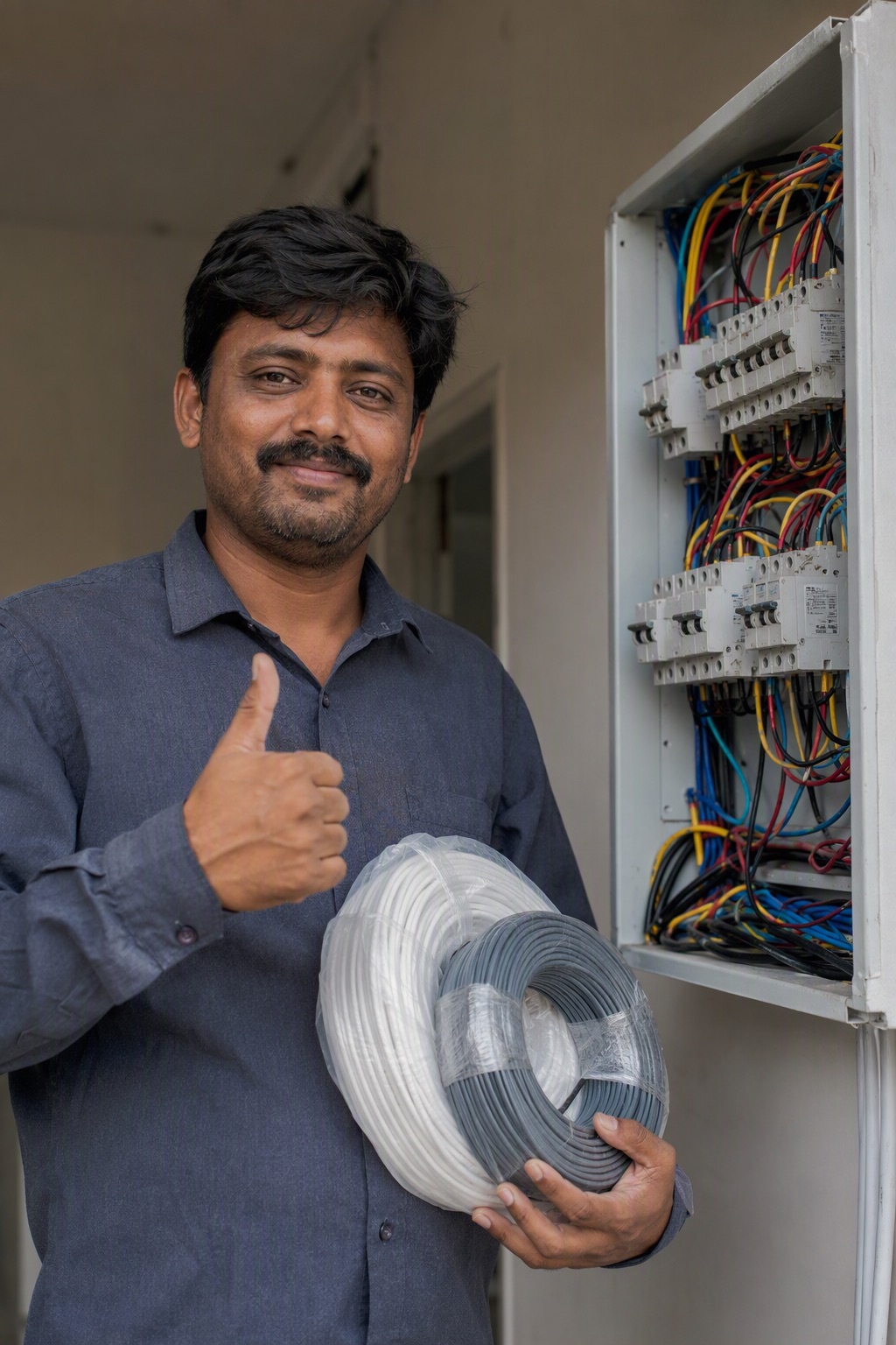 Electrician approving a coil of genuine house wiring cable