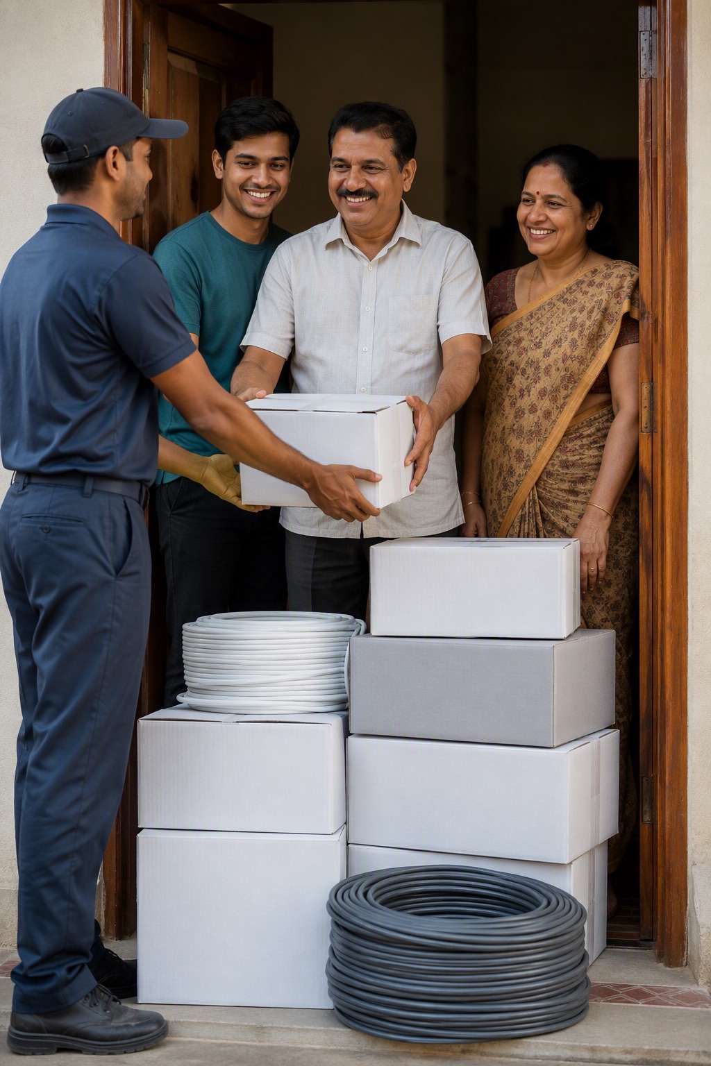 Family receiving electrical material delivered to their home in Bangalore