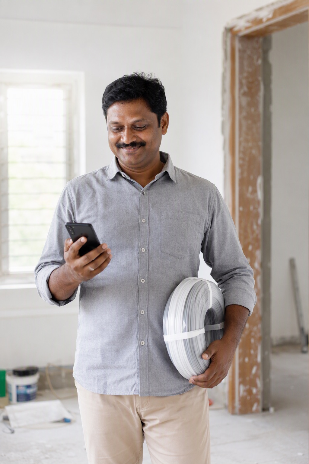 Customer checking a coil of house wire before paying for it