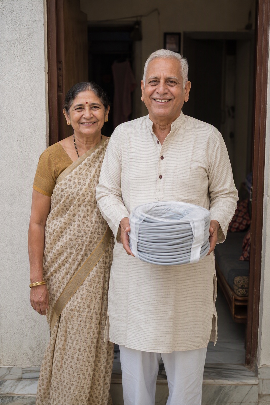 Senior couple with electrical cable at the door of their home