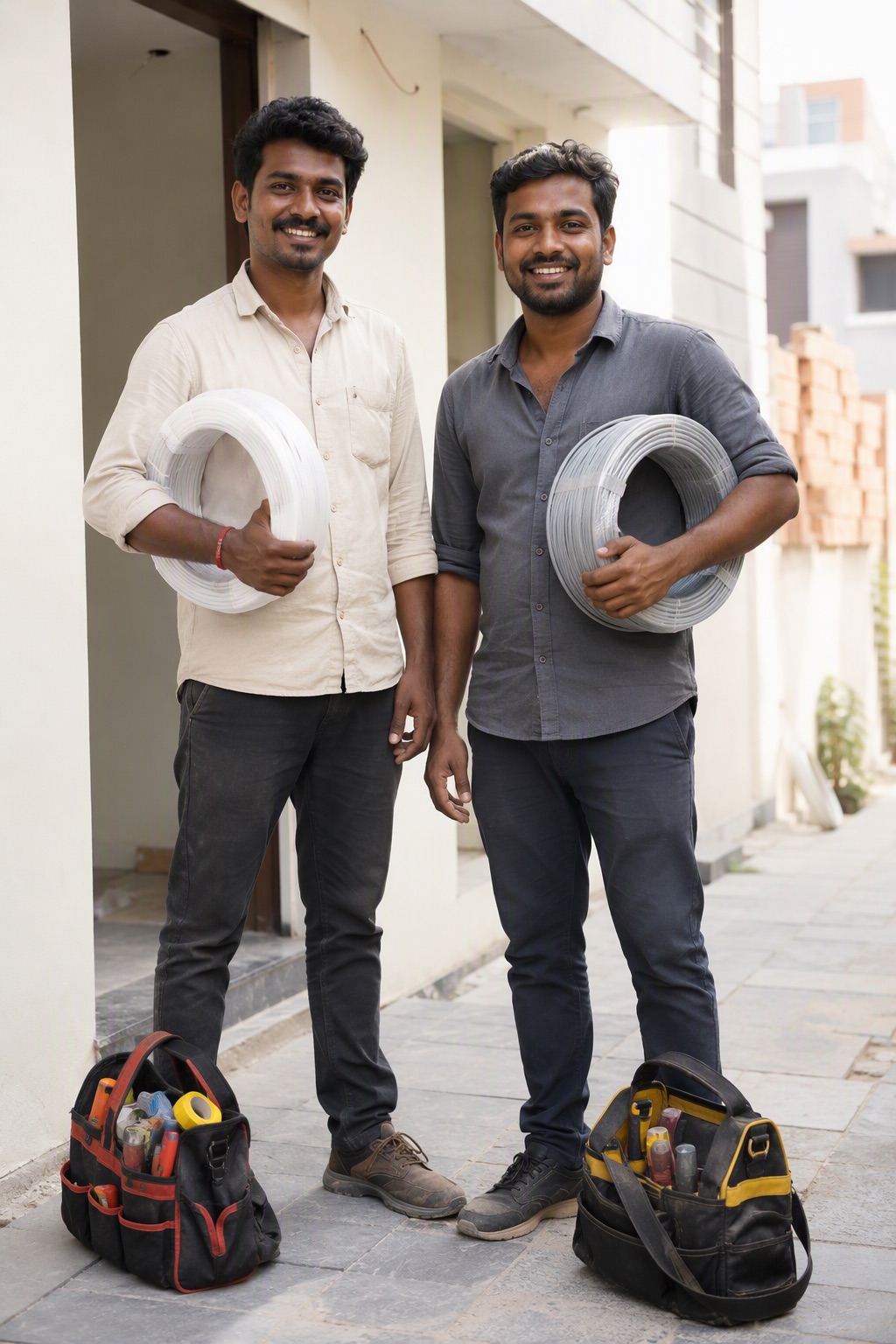 Two electricians with coils of house wire at a Bangalore site